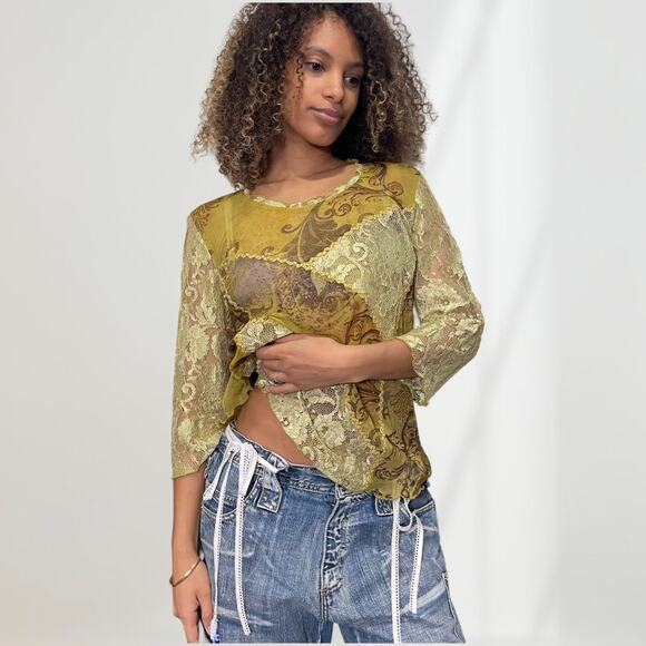 Italian Vintage 00s boho green floral sheer mesh & lace blouse (M) fairy grunge - Picture 1 of 9